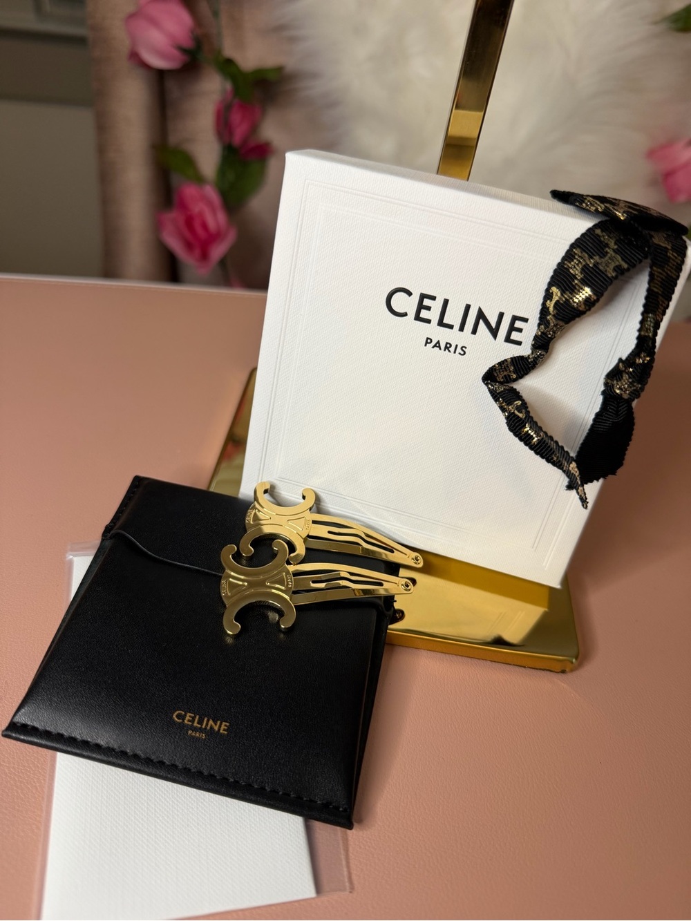 Celine Gold Triomphe Hair Clips with Black Pouch and Ribbon w/COA from LegitApp